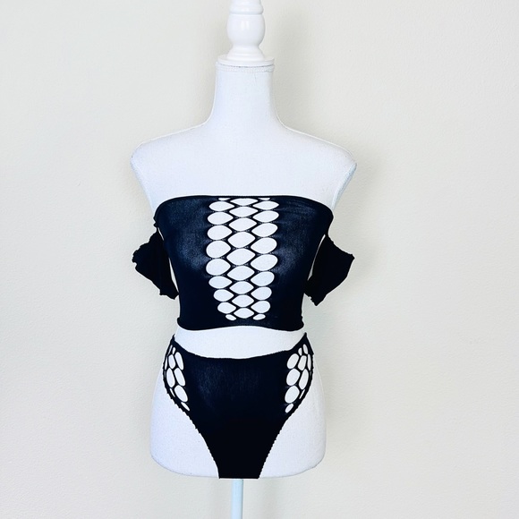 Dolls Kill Swim Black Stretch Cut Out Mesh Off Shoulder Crop Top